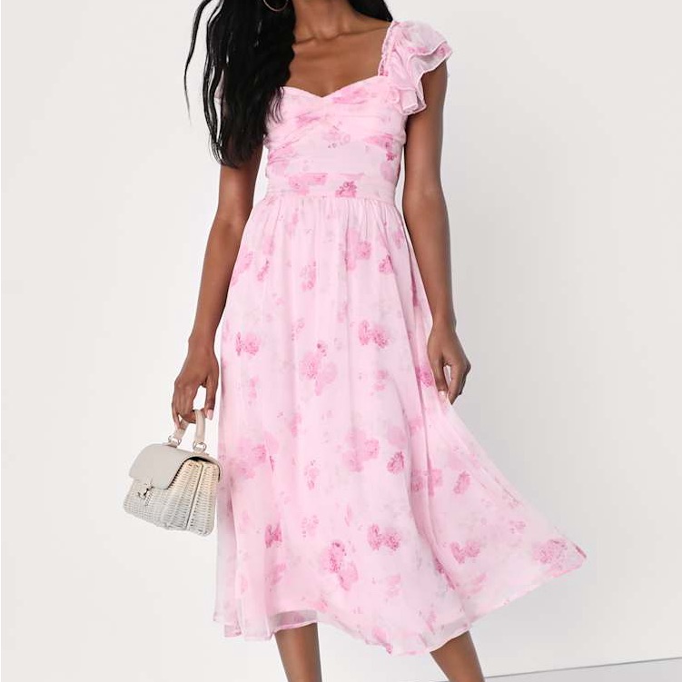 Lulus Loveliest Darling Light Pink Floral Ruffled Tie-Back Midi Dress Nwt